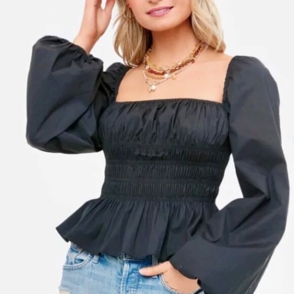 STAUD Tops - Staud Jules Puff Sleeve Peplum Smocked Top Womens Small Black